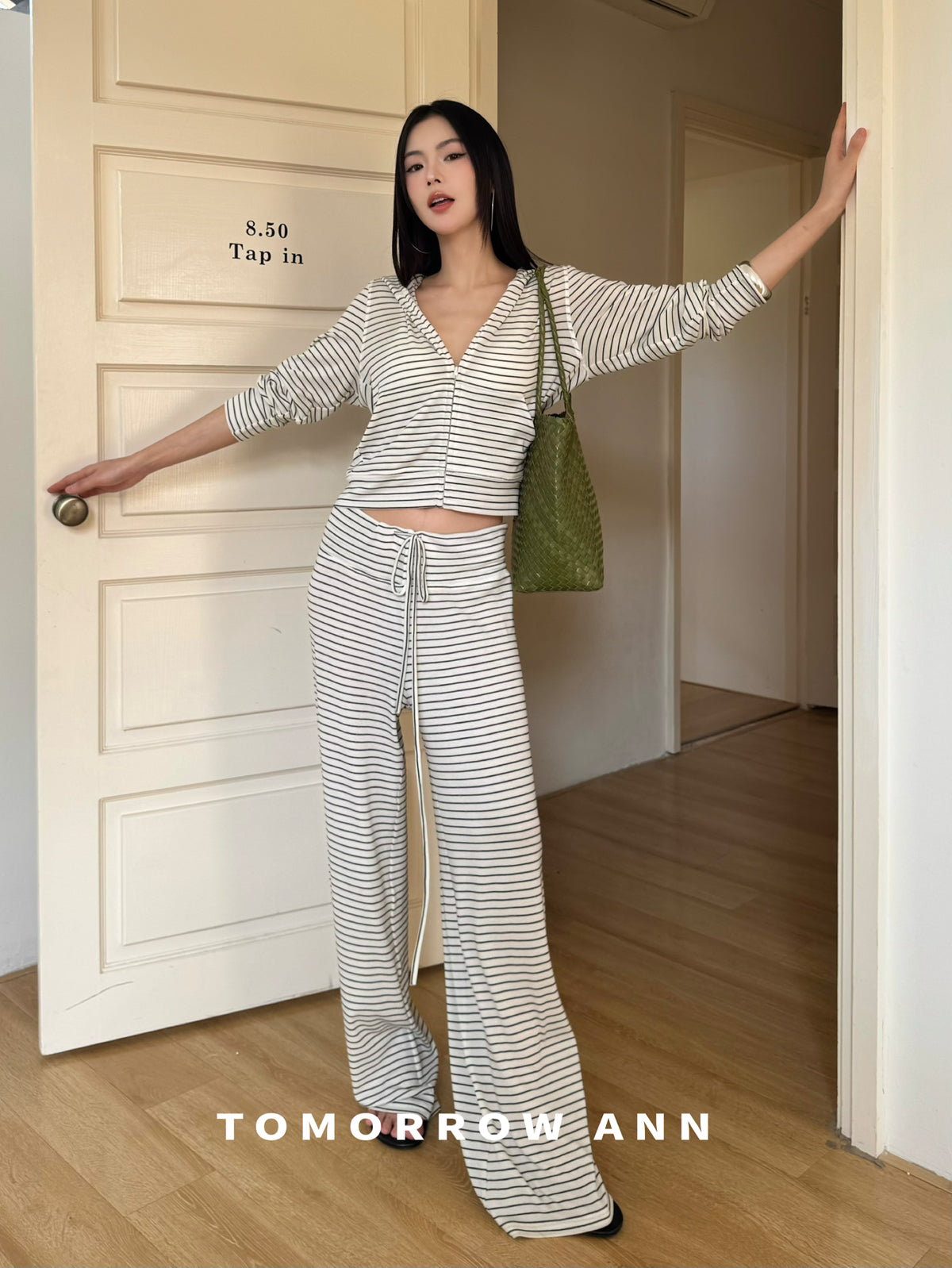 Tomorrow Ann Women's Premium Wool Blend Drawstring Slimming Casual Pants - High Waist Straight Leg Striped Trousers