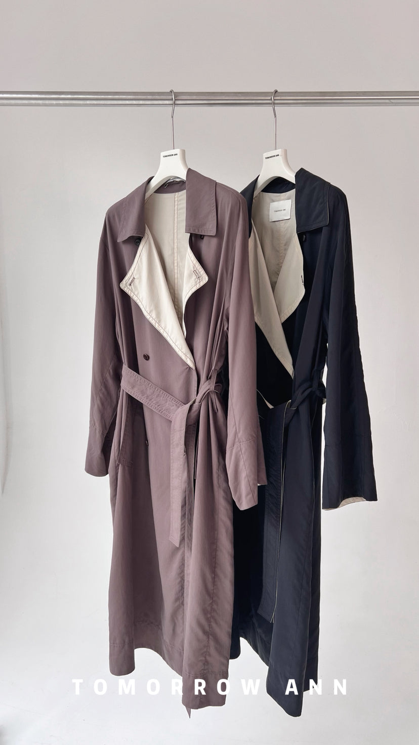 TOMORROW ANN 2026 Spring Collection! Elegant Relaxed Contrast Lapel Long Trench Coat with Belt