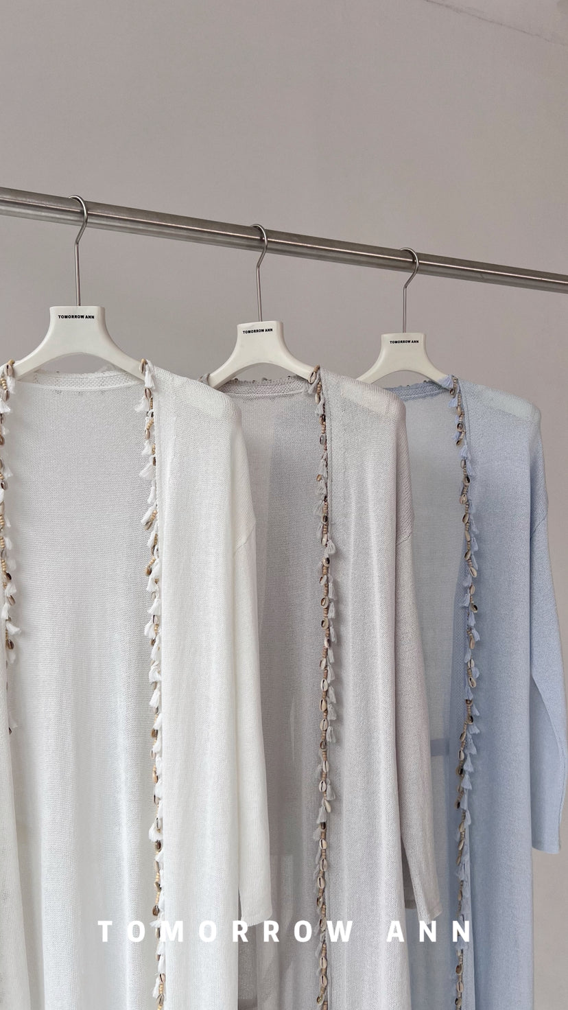 TOMORROW ANN Early Spring Washi Yarn Shell Resort Style Long Knit Cardigan with Waist Rope