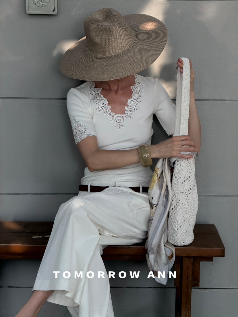 Early Spring 2026! 【TOMORROW ANN】Vintage Lace Patchwork Slimming Knit Top 12895# OZQ