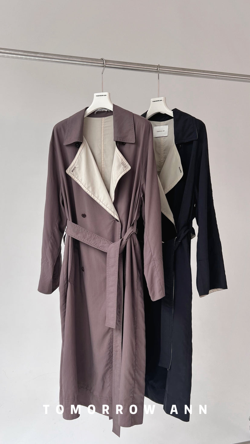 TOMORROW ANN 2026 Spring Collection! Elegant Relaxed Contrast Lapel Long Trench Coat with Belt