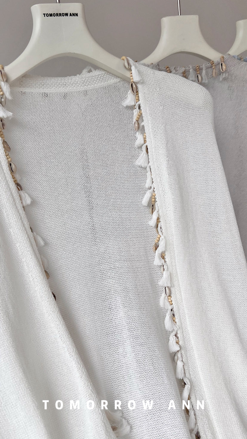 TOMORROW ANN Early Spring Washi Yarn Shell Resort Style Long Knit Cardigan with Waist Rope