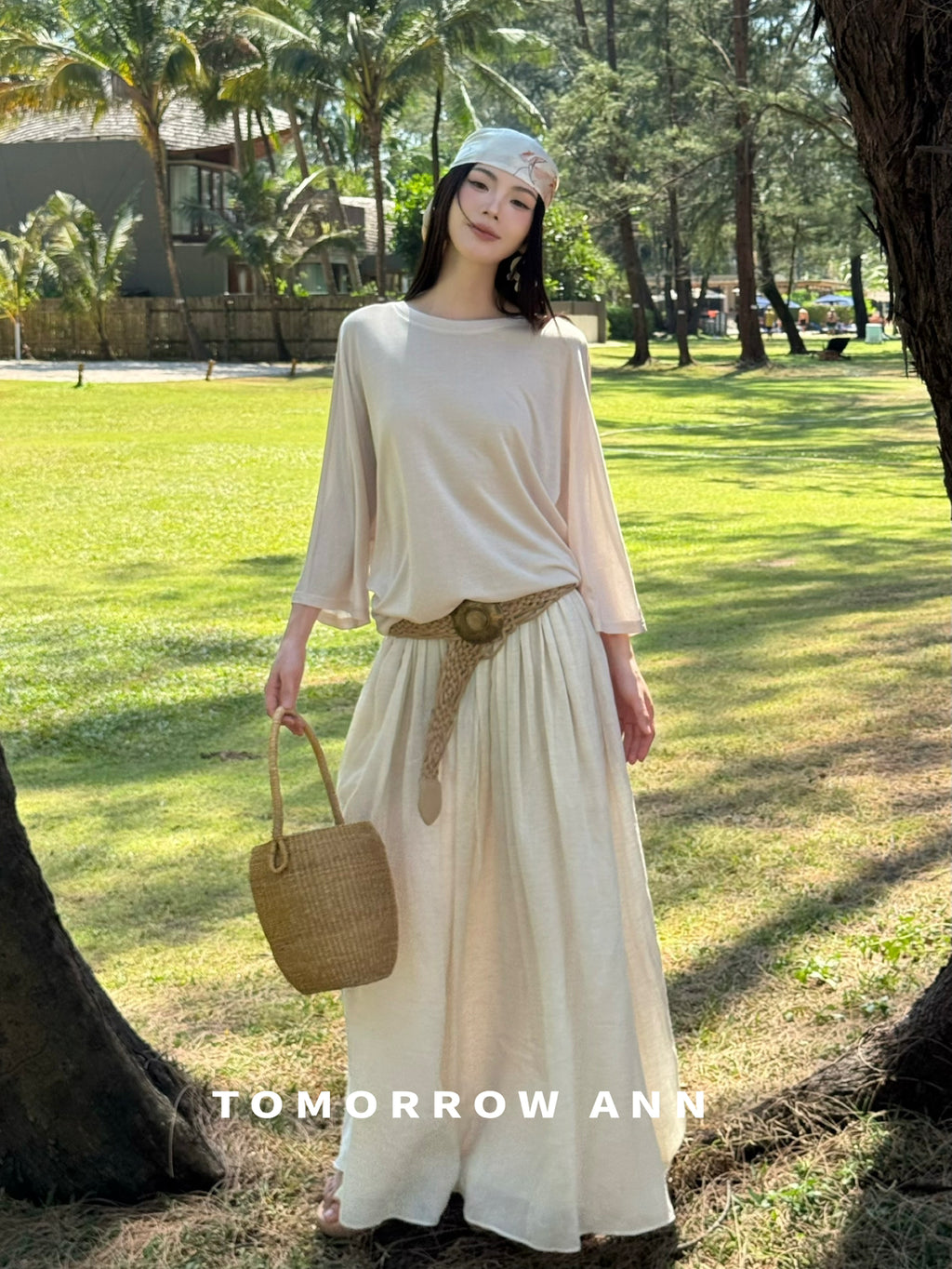 TOMORROW ANN Elegant High-Waist A-Line Maxi Skirt with Minimalist Drawstring – 2026 Spring Fashion