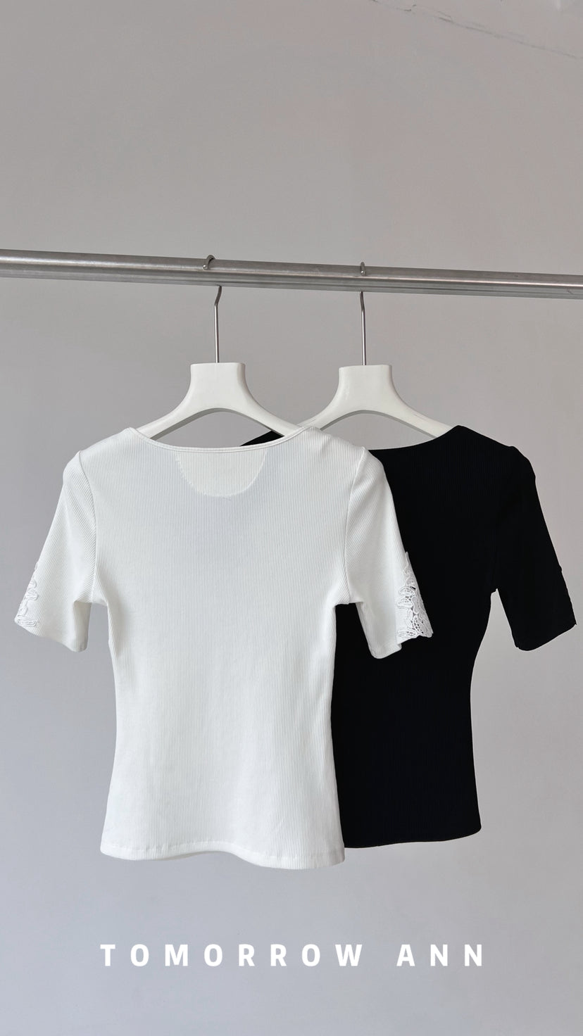 Early Spring 2026! 【TOMORROW ANN】Vintage Lace Patchwork Slimming Knit Top 12895# OZQ