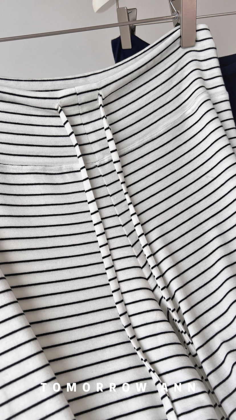 Tomorrow Ann Women's Premium Wool Blend Drawstring Slimming Casual Pants - High Waist Straight Leg Striped Trousers
