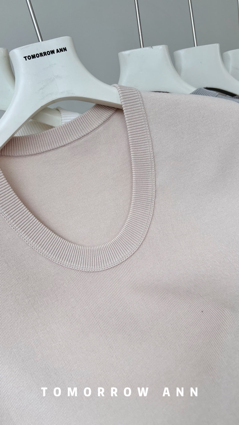 TOMORROW ANN Spring Elegant U-Neck Slim Fit Knit Short Sleeve Top