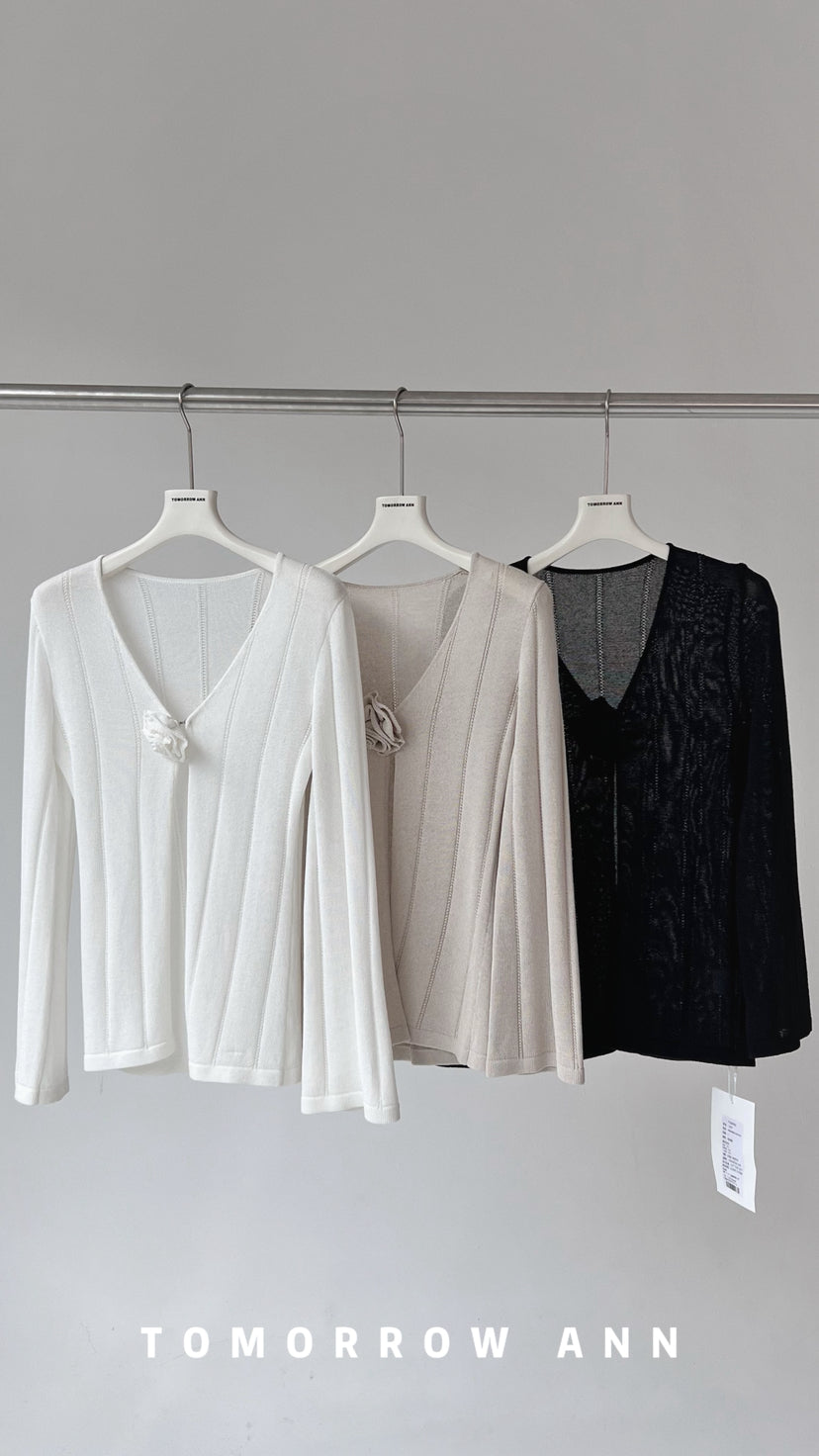 TOMORROW ANN 2026 Early Spring Elegant V-Neck Knit Cardigan with Designer Brooch - Minimalist Solid Color Fine Knit Sweater