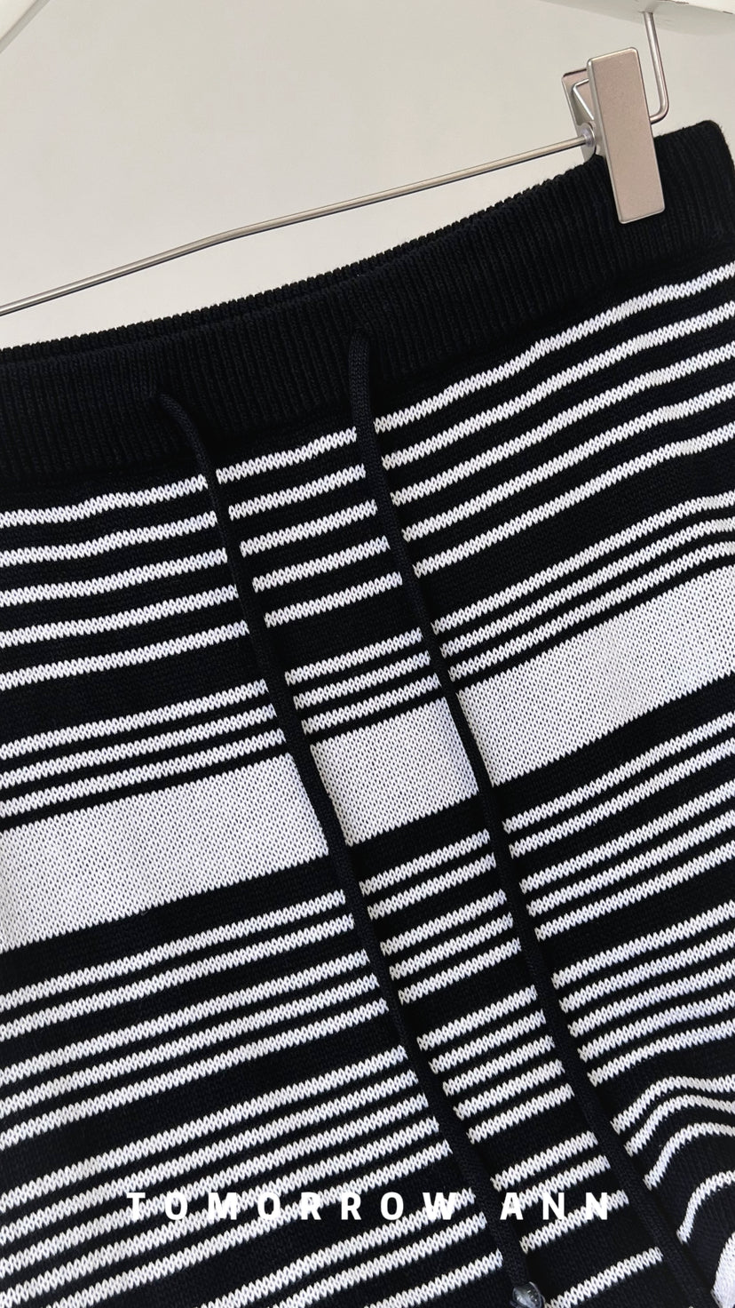 TOMORROW ANN Elegant Striped Drawstring Casual Midi Skirt - Spring 2026 New Arrival