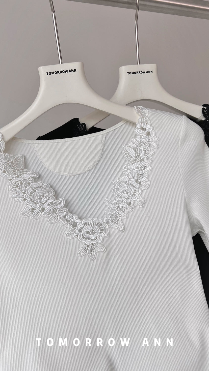 Early Spring 2026! 【TOMORROW ANN】Vintage Lace Patchwork Slimming Knit Top 12895# OZQ