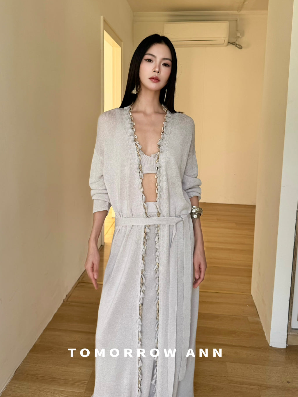 TOMORROW ANN Early Spring Washi Yarn Shell Resort Style Long Knit Cardigan with Waist Rope