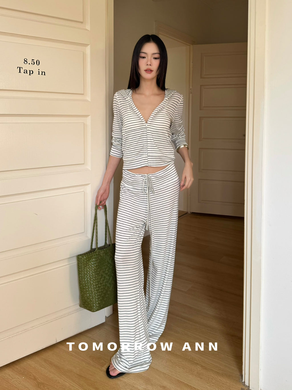 Tomorrow Ann Women's Premium Wool Blend Drawstring Slimming Casual Pants - High Waist Straight Leg Striped Trousers