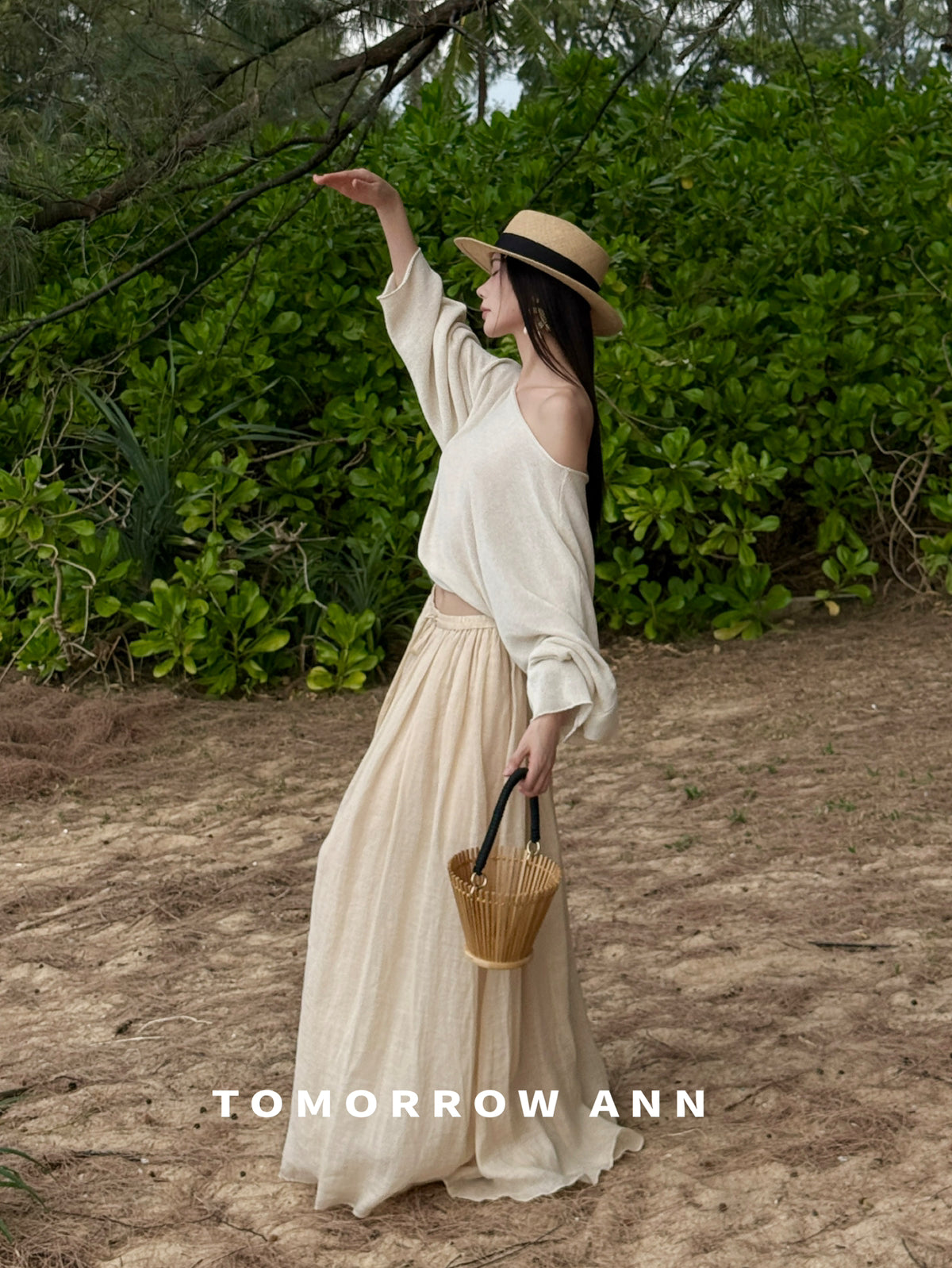 TOMORROW ANN Elegant High-Waist A-Line Maxi Skirt with Minimalist Drawstring – 2026 Spring Fashion