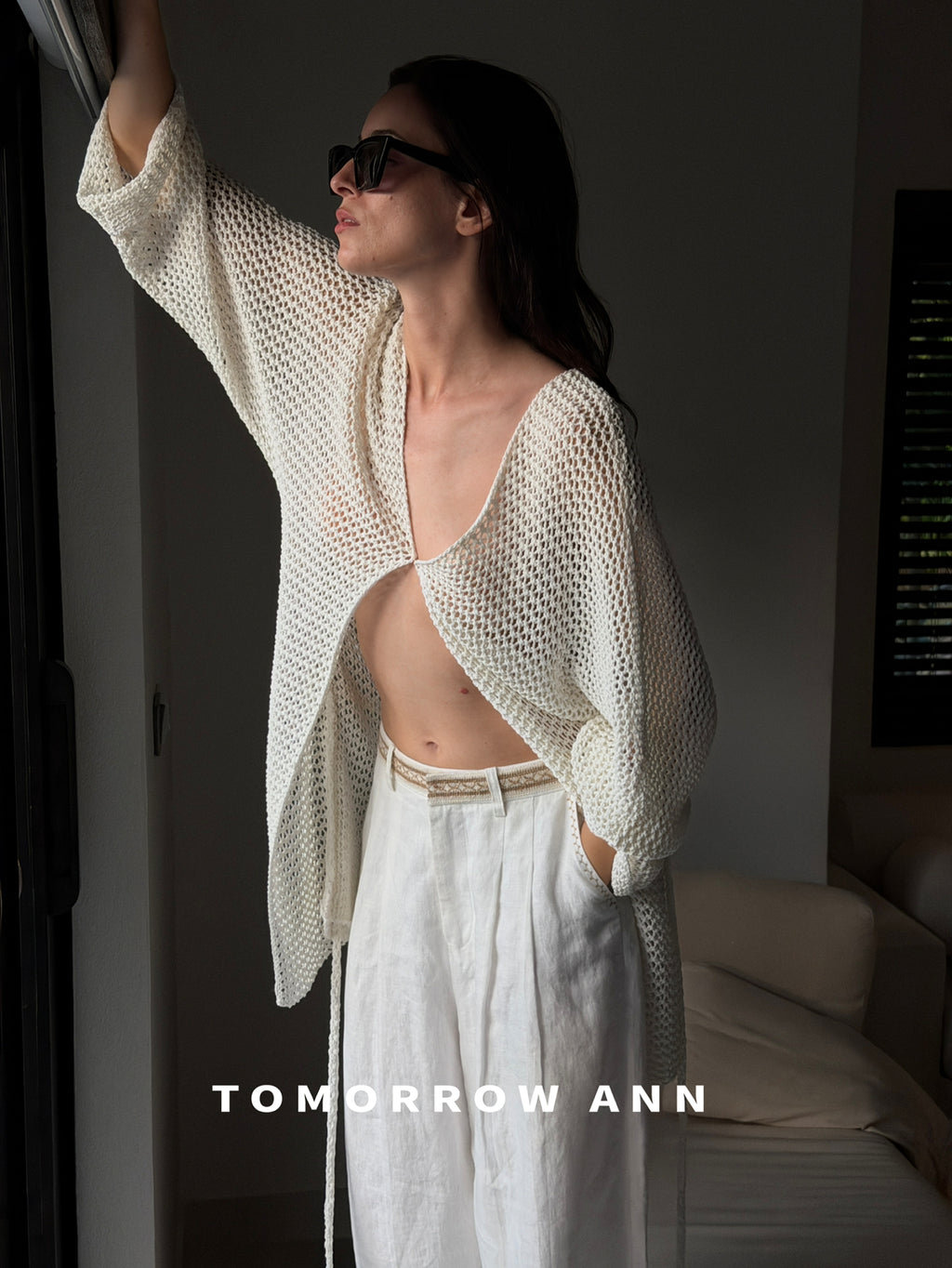 Tomorrow Ann Elegant Hollow-Out Minimalist Knit Cardigan with Waist Belt