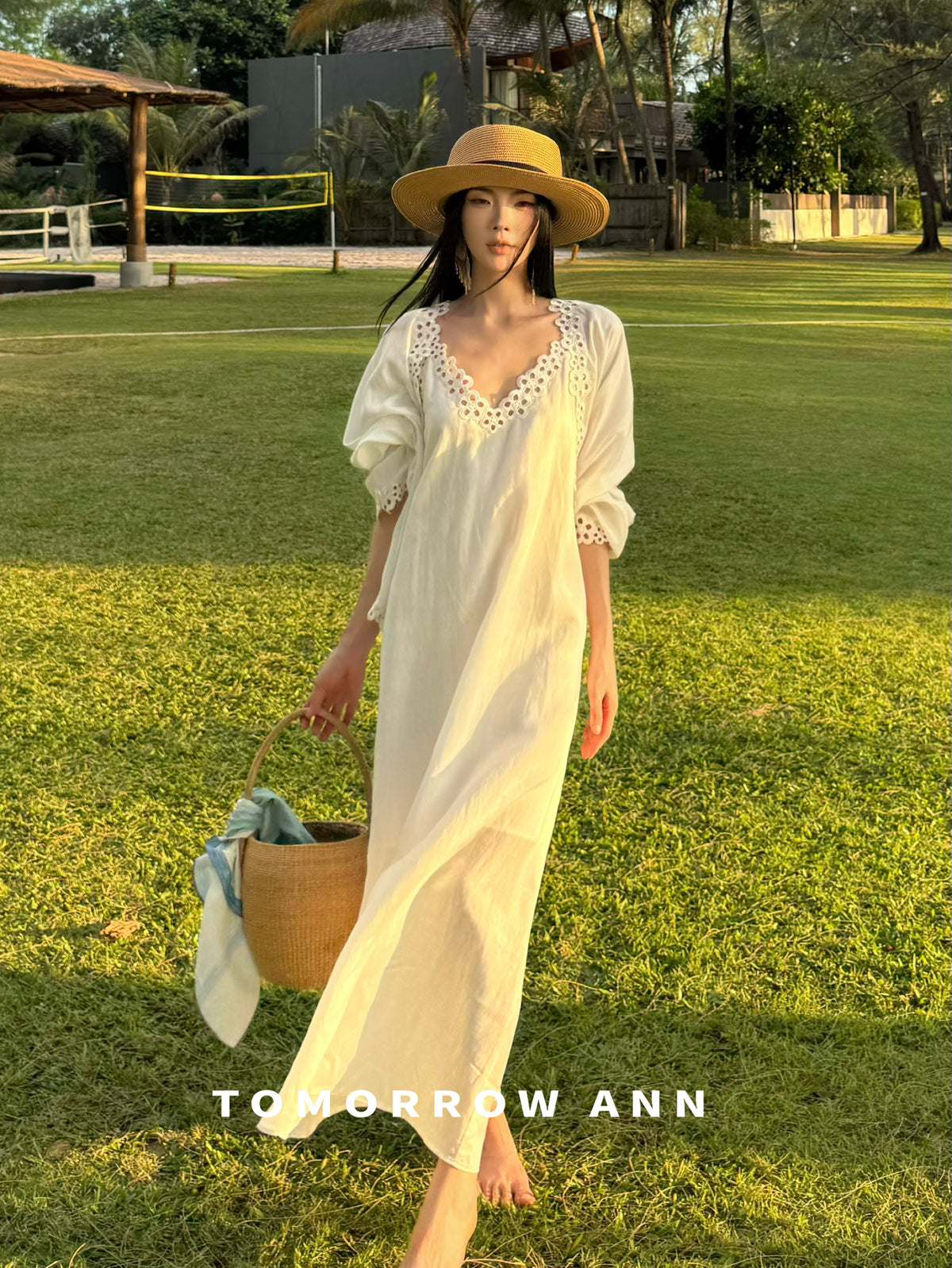 TOMORROW ANN Spring 2026 Elegant White Embroidery Cami Dress for Vacation