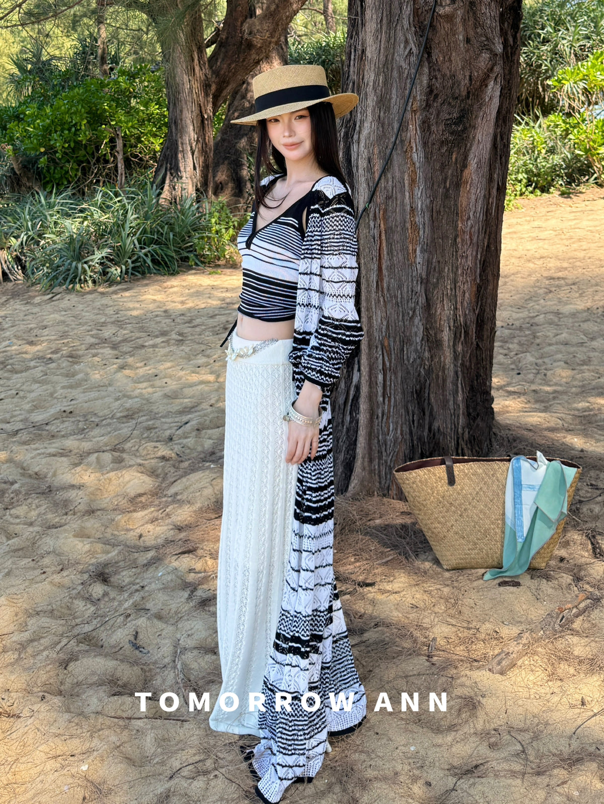 [TOMORROW ANN] Elegant Chic Striped Long Knit Cardigan for Women