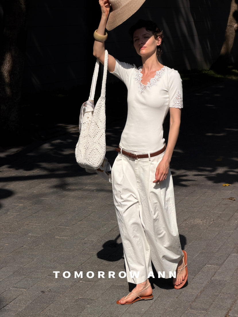 Early Spring 2026! 【TOMORROW ANN】Vintage Lace Patchwork Slimming Knit Top 12895# OZQ