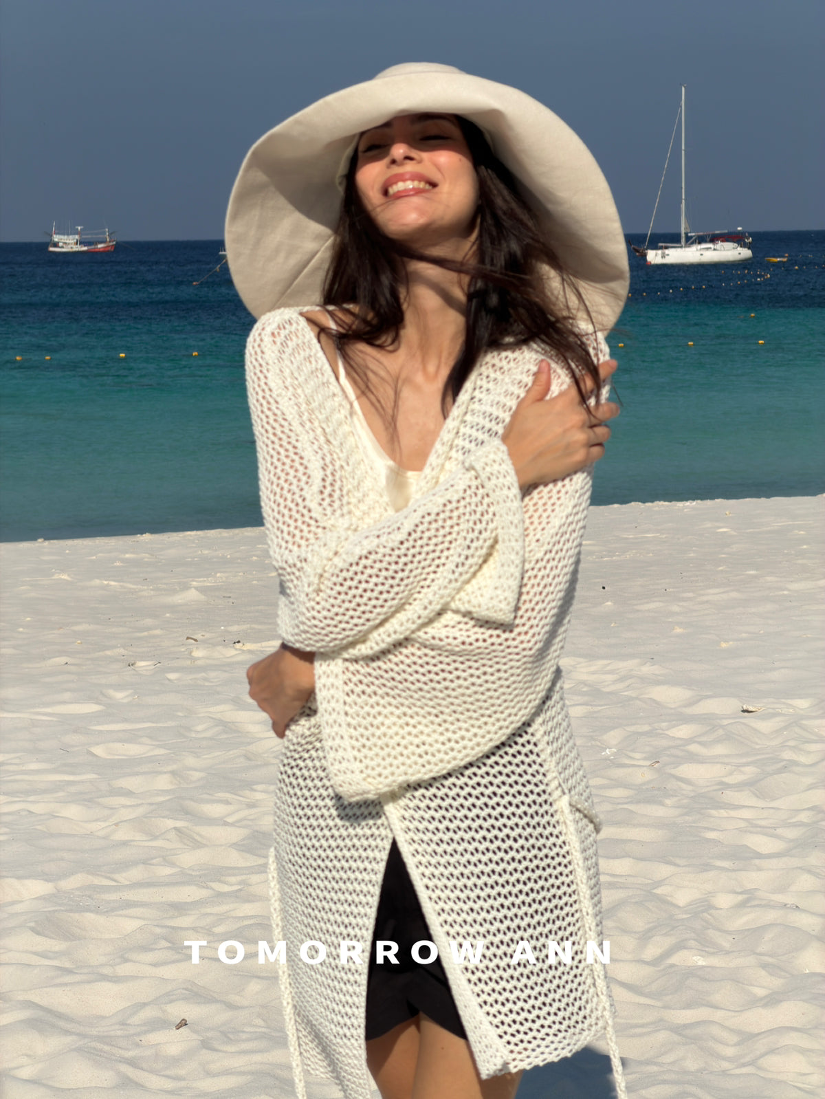 Tomorrow Ann Elegant Hollow-Out Minimalist Knit Cardigan with Waist Belt