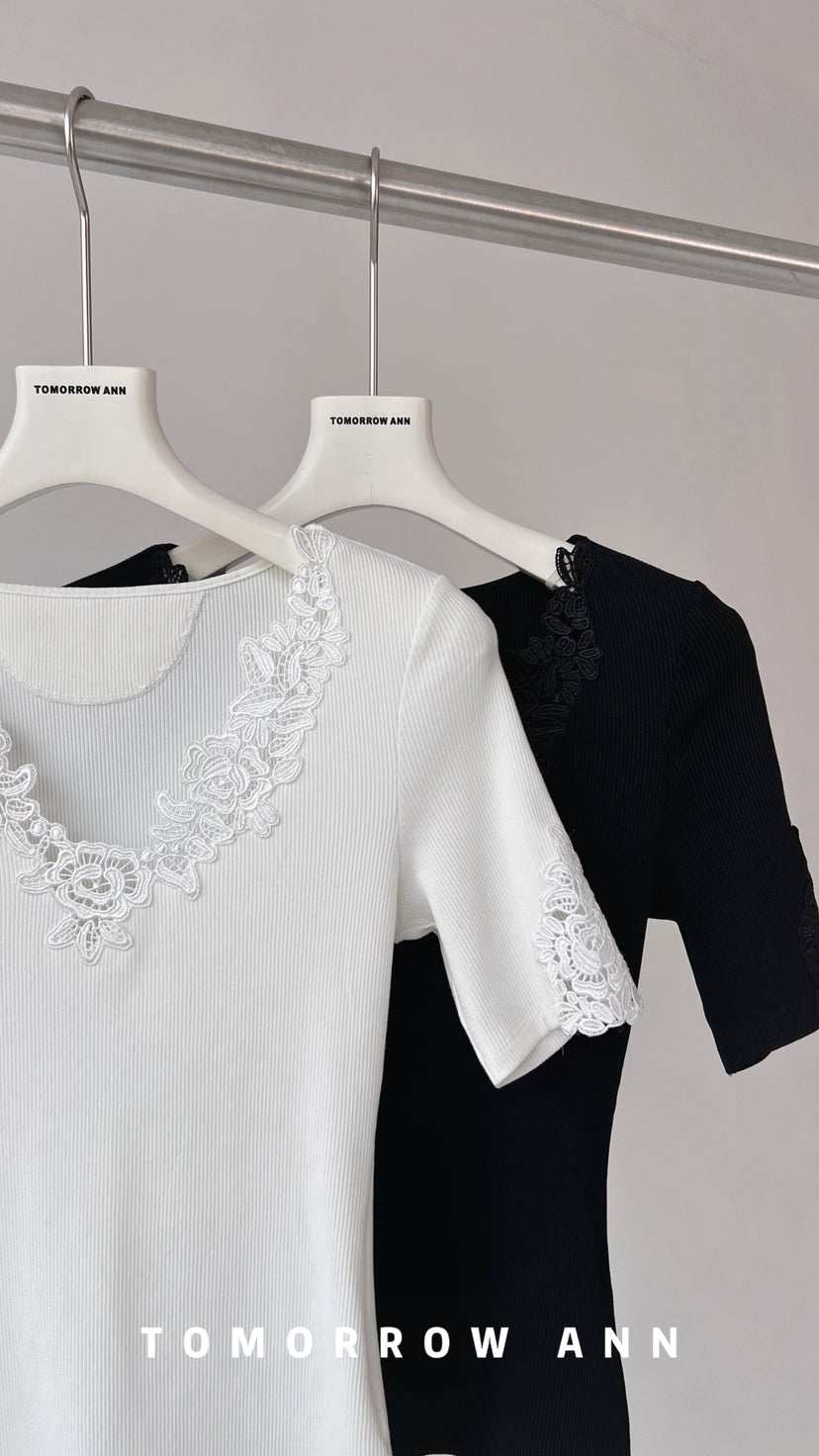 Early Spring 2026! 【TOMORROW ANN】Vintage Lace Patchwork Slimming Knit Top 12895# OZQ