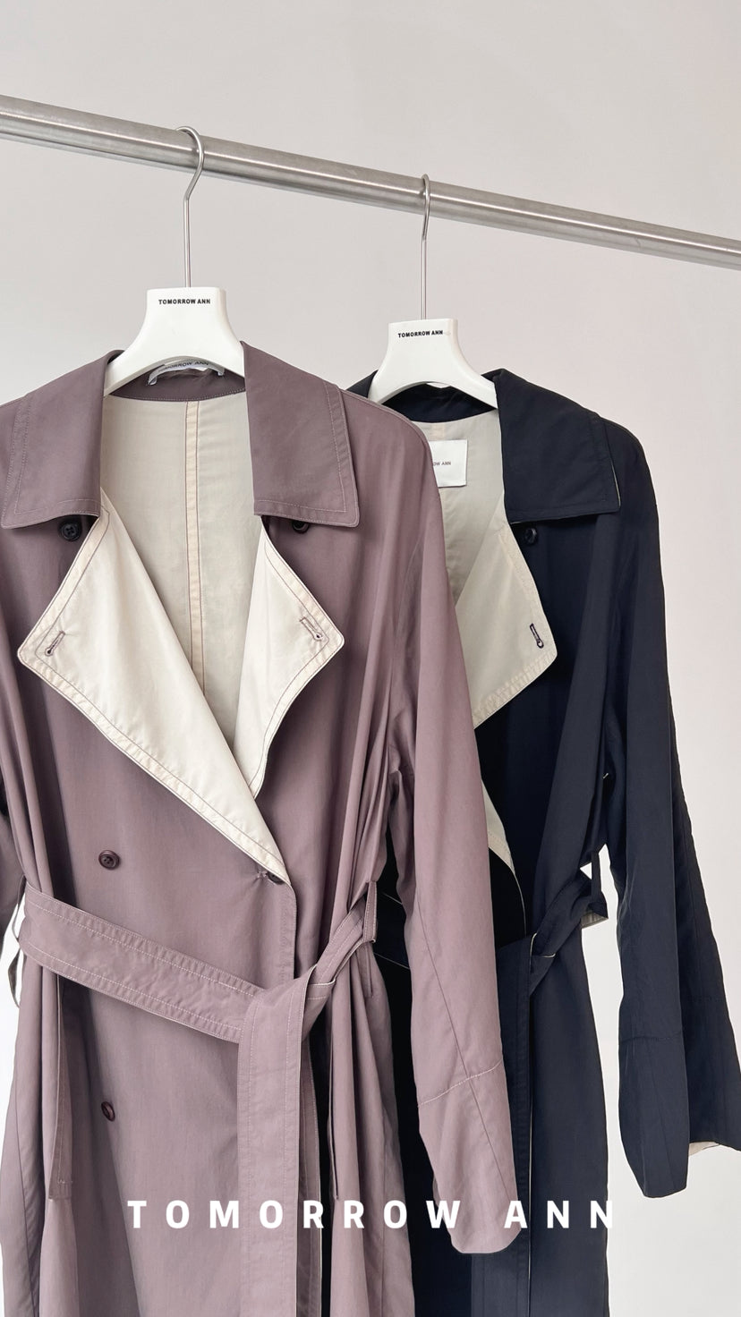 TOMORROW ANN 2026 Spring Collection! Elegant Relaxed Contrast Lapel Long Trench Coat with Belt