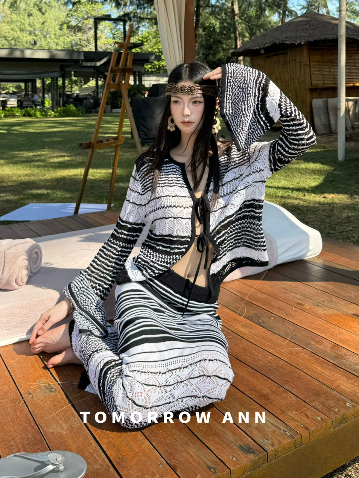 TOMORROW ANN Elegant Striped Drawstring Casual Midi Skirt - Spring 2026 New Arrival