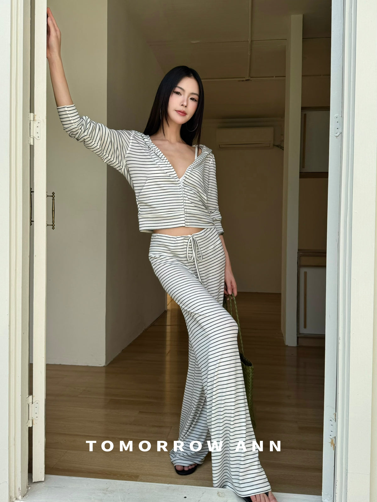 Tomorrow Ann Women's Premium Wool Blend Drawstring Slimming Casual Pants - High Waist Straight Leg Striped Trousers