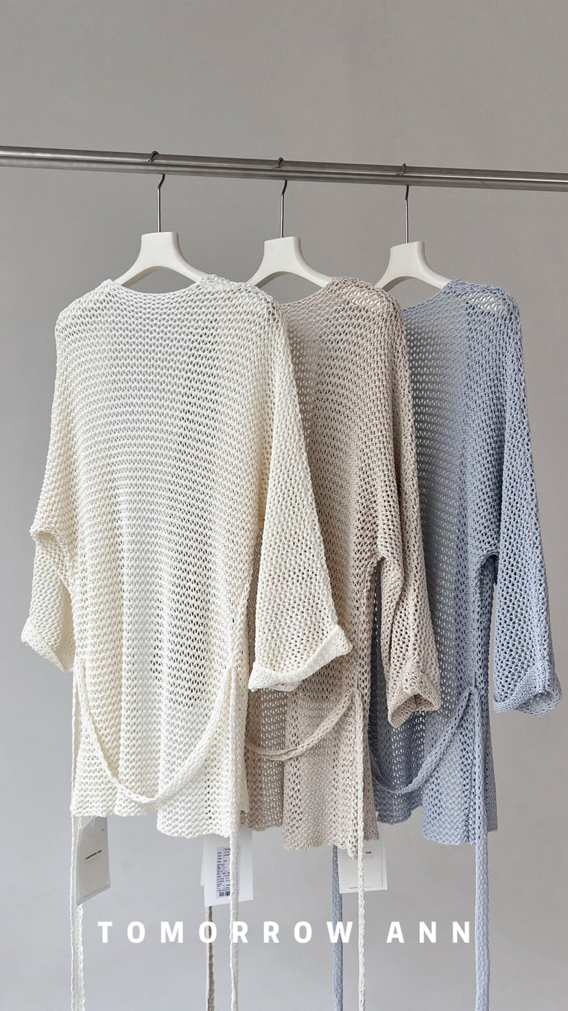 Tomorrow Ann Elegant Hollow-Out Minimalist Knit Cardigan with Waist Belt