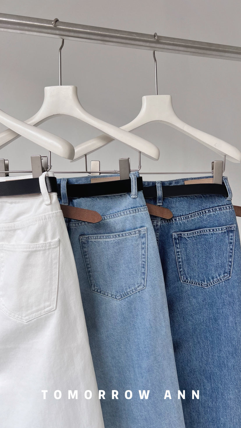 TOMORROW ANN Minimalist Washed Casual Straight Leg Denim Jeans with Belt