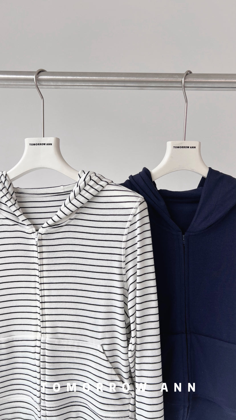 TOMORROW ANN Spring 2026 Women's Luxury Wool Blend Striped Hooded Slim-Fit Zip-Up Jacket