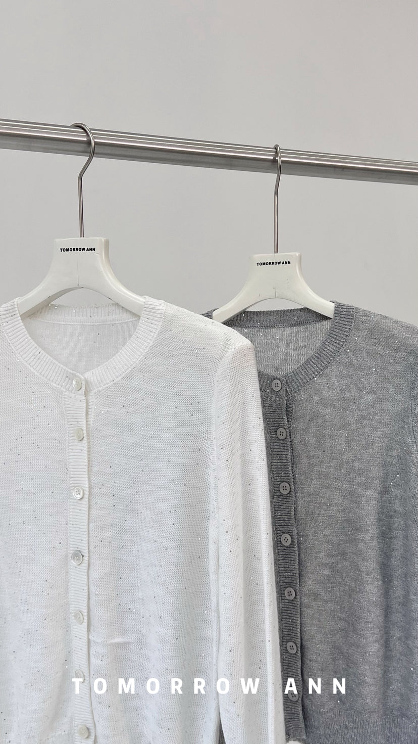 [TOMORROW ANN] 2026 Spring Collection Elegant Round Neck Sequin Knit Cardigan for Women