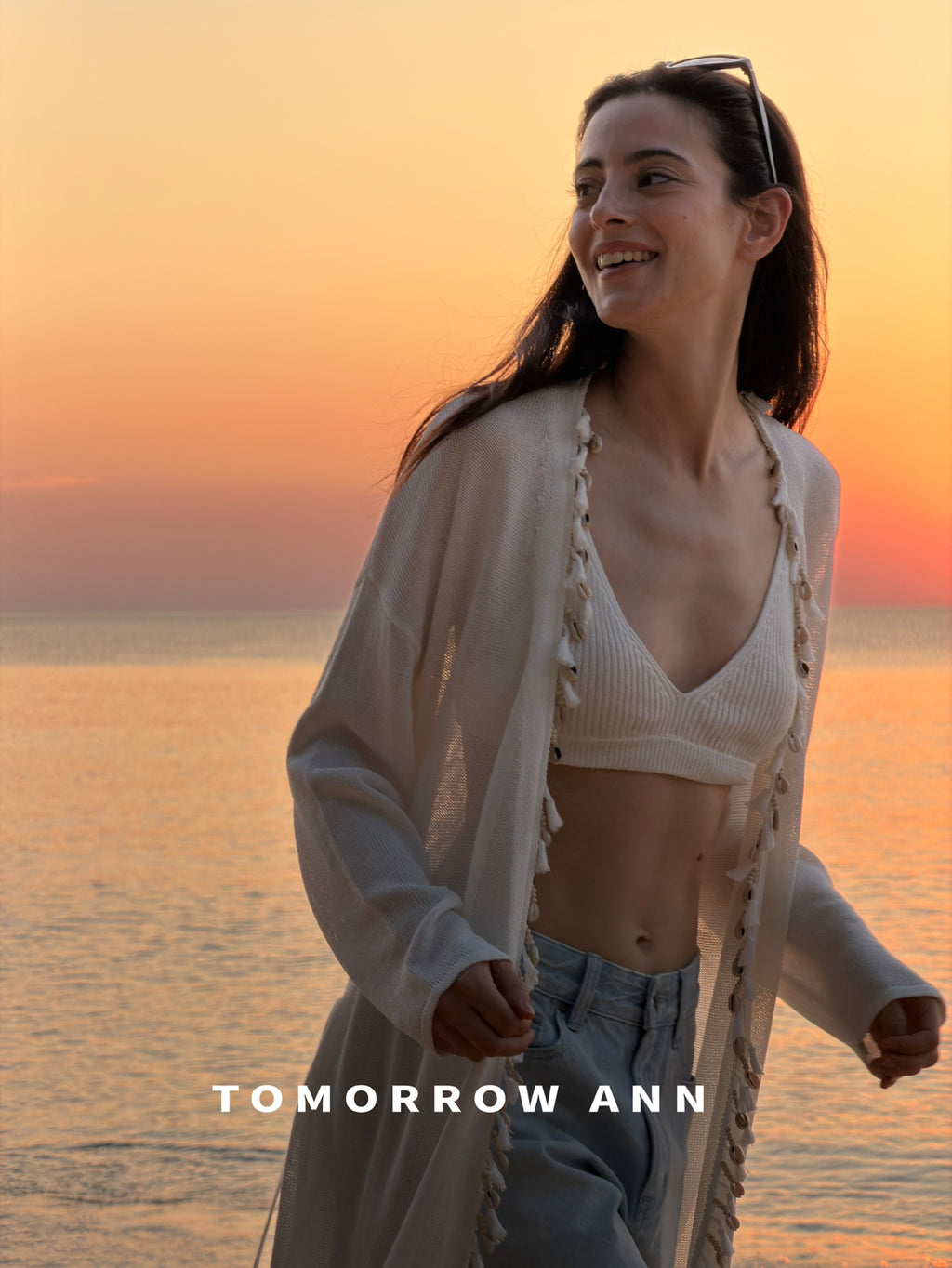 TOMORROW ANN Early Spring Washi Yarn Shell Resort Style Long Knit Cardigan with Waist Rope