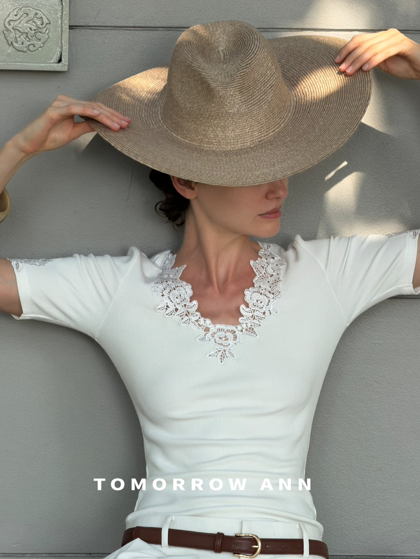 Early Spring 2026! 【TOMORROW ANN】Vintage Lace Patchwork Slimming Knit Top 12895# OZQ