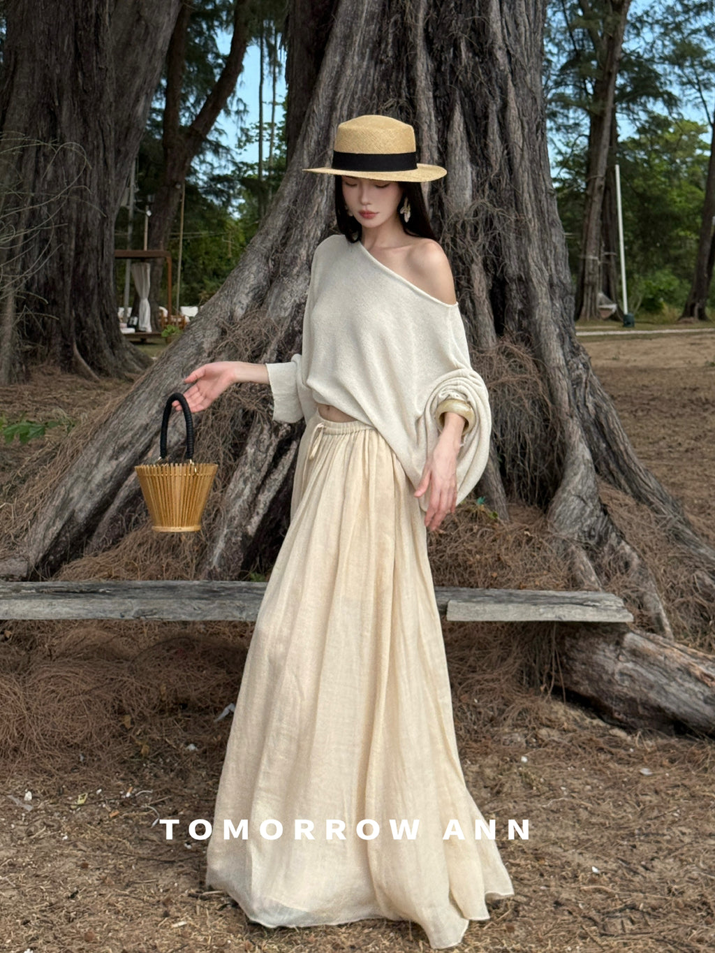 TOMORROW ANN Elegant High-Waist A-Line Maxi Skirt with Minimalist Drawstring – 2026 Spring Fashion