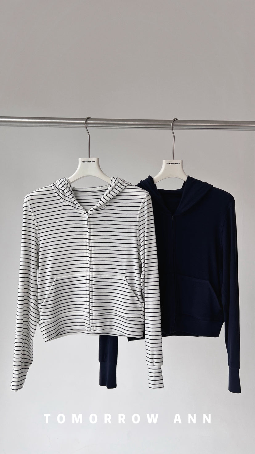 TOMORROW ANN Spring 2026 Women's Luxury Wool Blend Striped Hooded Slim-Fit Zip-Up Jacket
