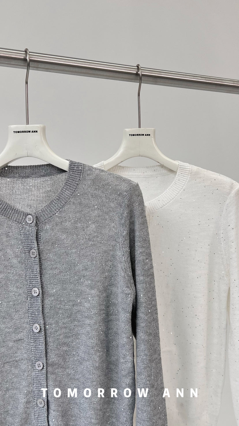 [TOMORROW ANN] 2026 Spring Collection Elegant Round Neck Sequin Knit Cardigan for Women