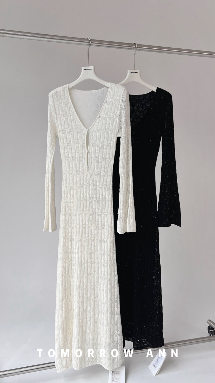 TOMORROW ANN 2026 Early Spring Elegant V-Neck Wool Blend Solid Color Maxi Dress