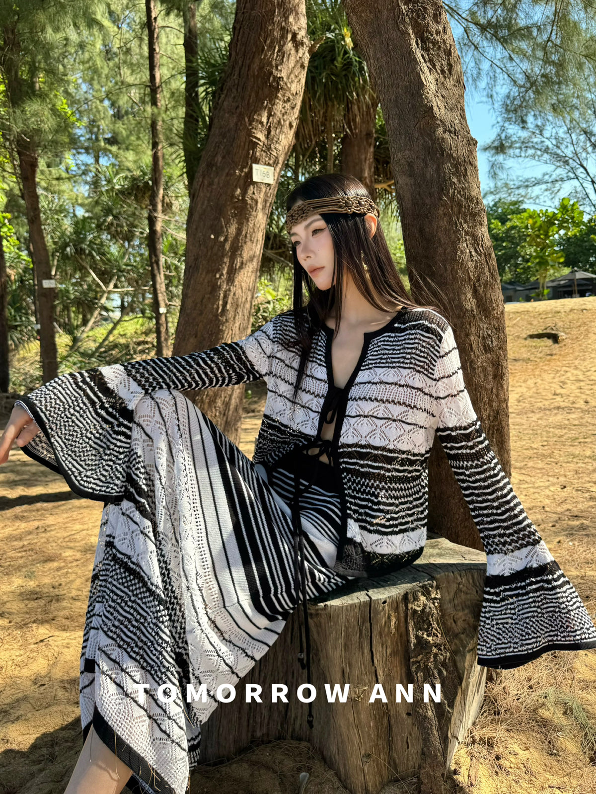 TOMORROW ANN Elegant Striped Drawstring Casual Midi Skirt - Spring 2026 New Arrival