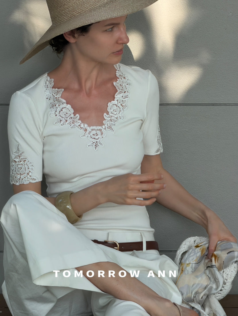 Early Spring 2026! 【TOMORROW ANN】Vintage Lace Patchwork Slimming Knit Top 12895# OZQ