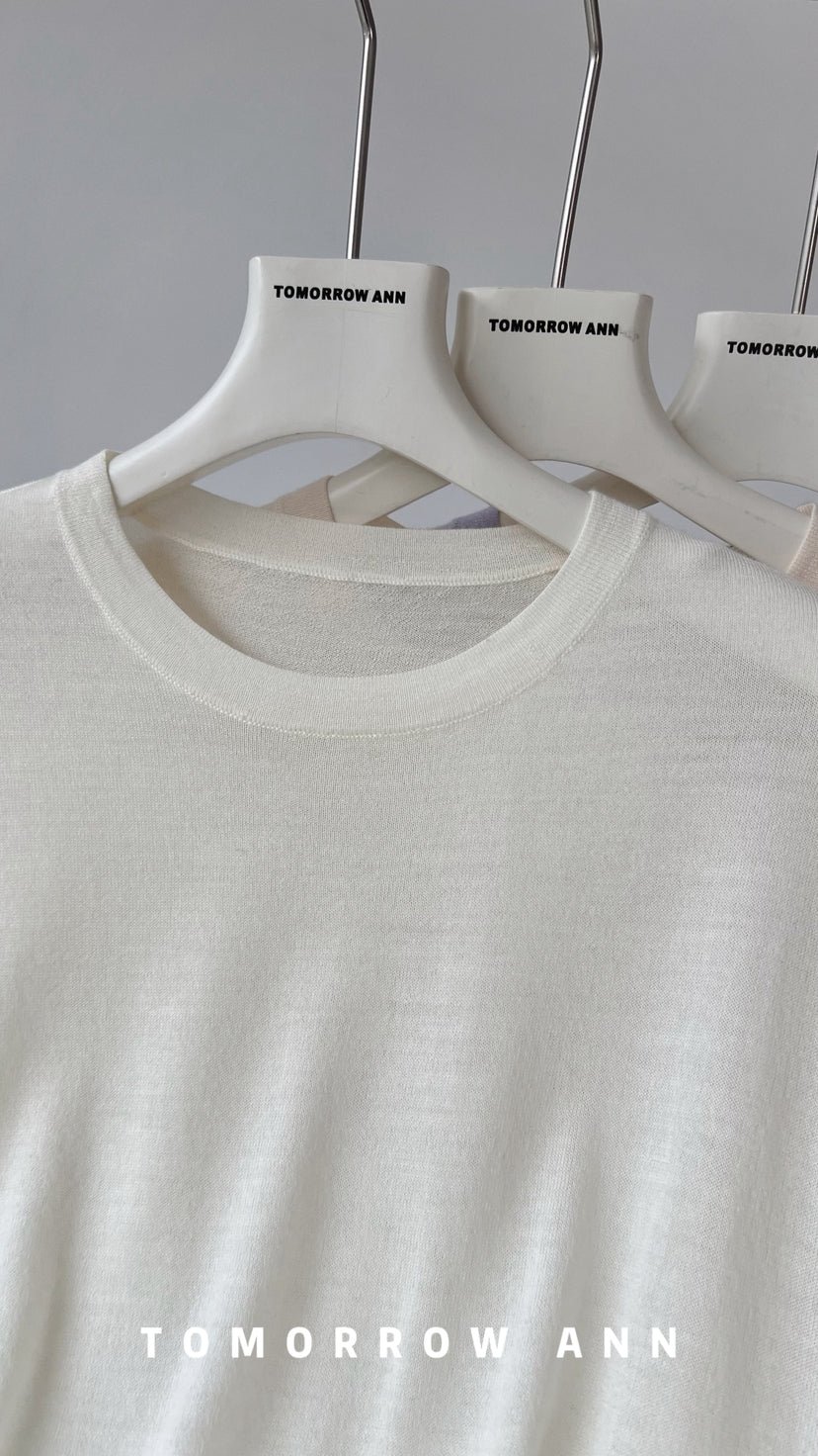 TOMORROW ANN Premium 100% Wool Minimalist Crew Neck Loose Fit Solid Short Sleeve T-Shirt