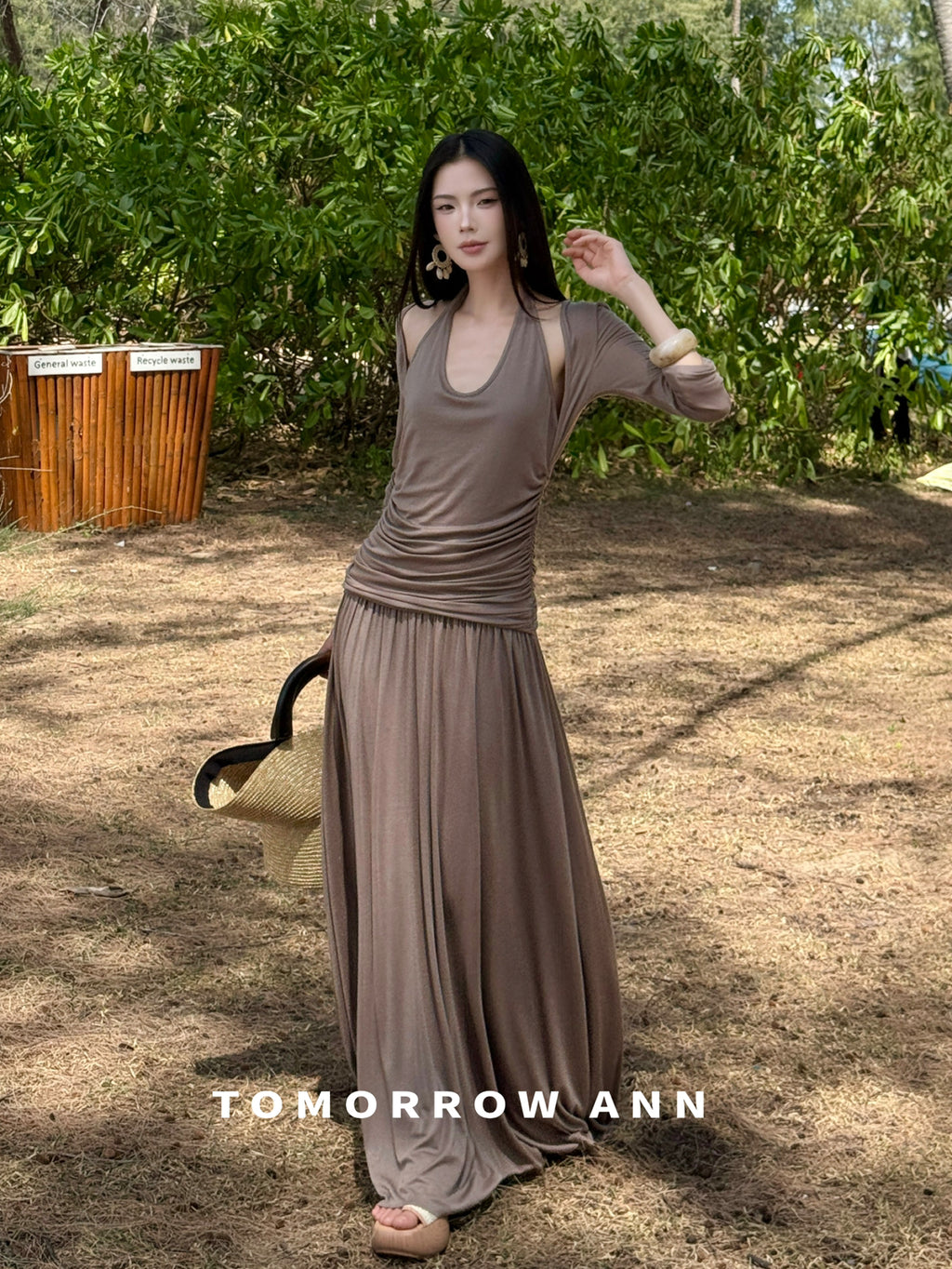 TOMORROW ANN Minimalist Ruched Halter Neck Long Sleeve Maxi Dress