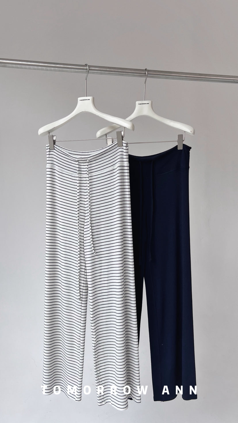 Tomorrow Ann Women's Premium Wool Blend Drawstring Slimming Casual Pants - High Waist Straight Leg Striped Trousers