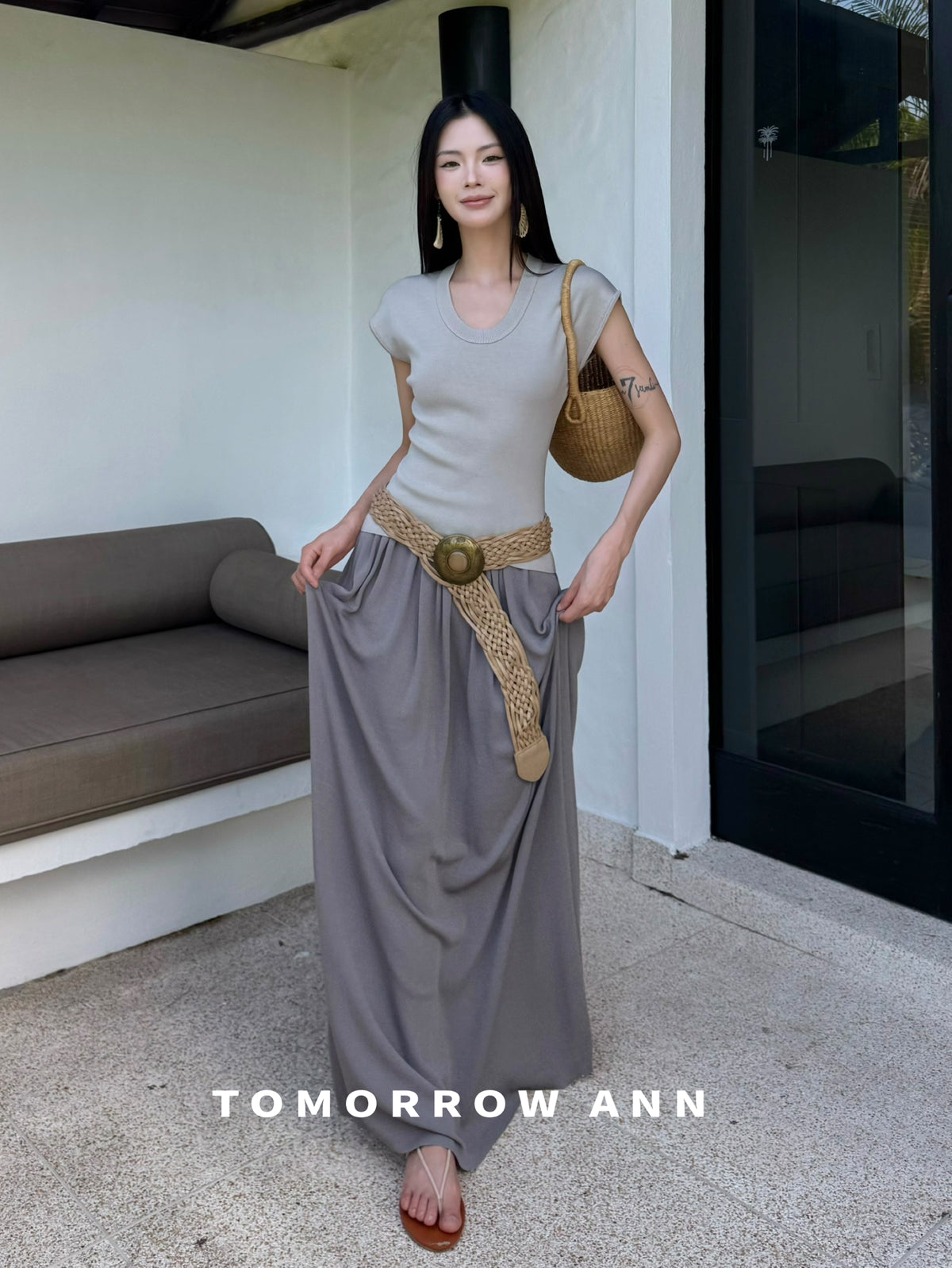 TOMORROW ANN Spring Elegant U-Neck Slim Fit Knit Short Sleeve Top