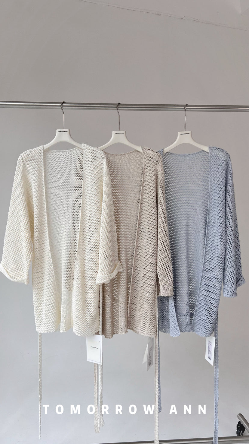 Tomorrow Ann Elegant Hollow-Out Minimalist Knit Cardigan with Waist Belt
